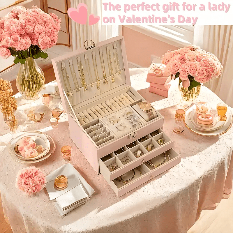 Vintage Elegant Jewelry Organizer Box with Soft Beige/Lined Interior - Multi-Layer Storage for Necklaces, Earrings, Rings, Watches - Elegant Jewelry Case for Wedding, Home Decor, Birthday/Anniversary Gift - Durable PU Leather Construction, Wedding