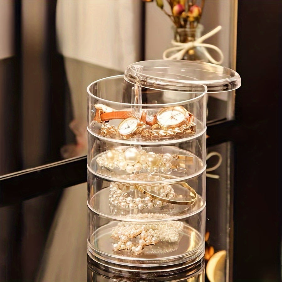 1pc Large-Capacity 5-Layer Rotating Jewelry Organizer Box with Dust-Proof Lid - Transparent Durable Plastic Multi-Drawer Storage for Necklaces, Earrings, Rings, Bangles, Hair Accessories & Watches - Modern Desktop Storage Solution, Accessory Holder, Sleek