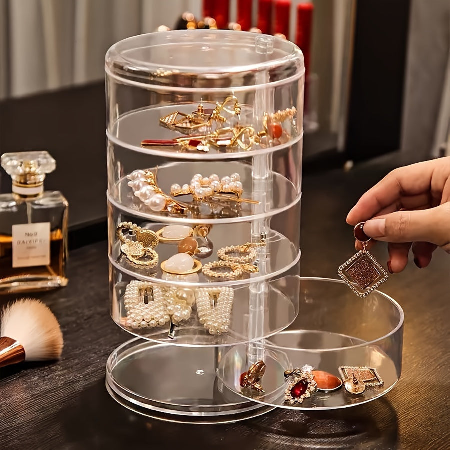 Large 5-Layer Rotating Jewelry Organizer Box with Dustproof Lid - Transparent Durable Plastic Oval Design for Earrings, Rings, Necklaces, Bracelets & Watches - Elegant Desktop Storage for Home or Boutique, Jewelry Organizer Storage, Sleek Construction,