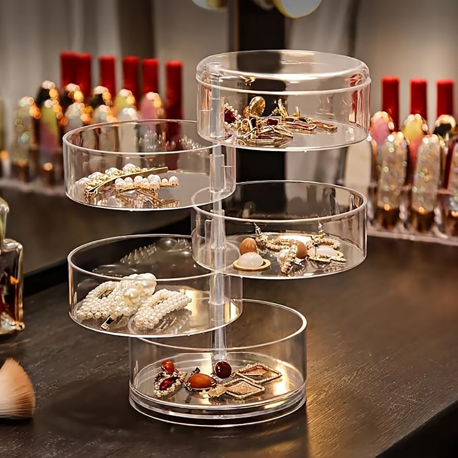 Large 5-Layer Rotating Jewelry Organizer Box with Dustproof Lid - Transparent Durable Plastic Oval Design for Earrings, Rings, Necklaces, Bracelets & Watches - Elegant Desktop Storage for Home or Boutique, Jewelry Organizer Storage, Sleek Construction,