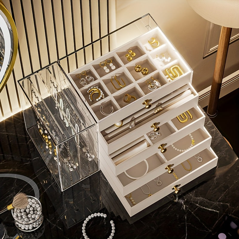 2-Tier + 5-Layer Large Capacity Transparent Desktop Jewelry Organizer, Bracelet and Necklace Storage Box with Multiple Compartments, Ring Holder, Earring Rack, Soft Padded Necklace and Bracelet Protector, Suitable for Vanity or Desk, Jewelry Box, Jewelry