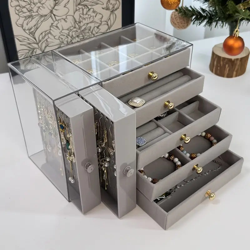 2-Tier + 5-Layer Large Capacity Transparent Desktop Jewelry Organizer, Bracelet and Necklace Storage Box with Multiple Compartments, Ring Holder, Earring Rack, Soft Padded Necklace and Bracelet Protector, Suitable for Vanity or Desk, Jewelry Box, Jewelry