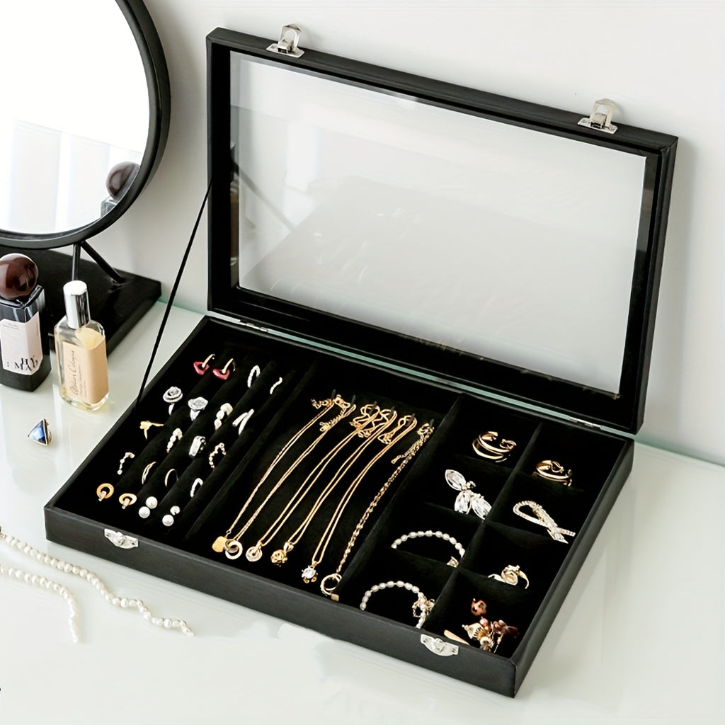 Luxury Black Velvet Jewelry Organizer Box with Transparent Glass Lid - Spacious Multi-Compartment Design for Earrings, Necklaces, Bracelets - Elegant Gift for Mother'S Day, Anniversary, or Best Friend, Jewelry Box, Jewelry Making Display & Packaging