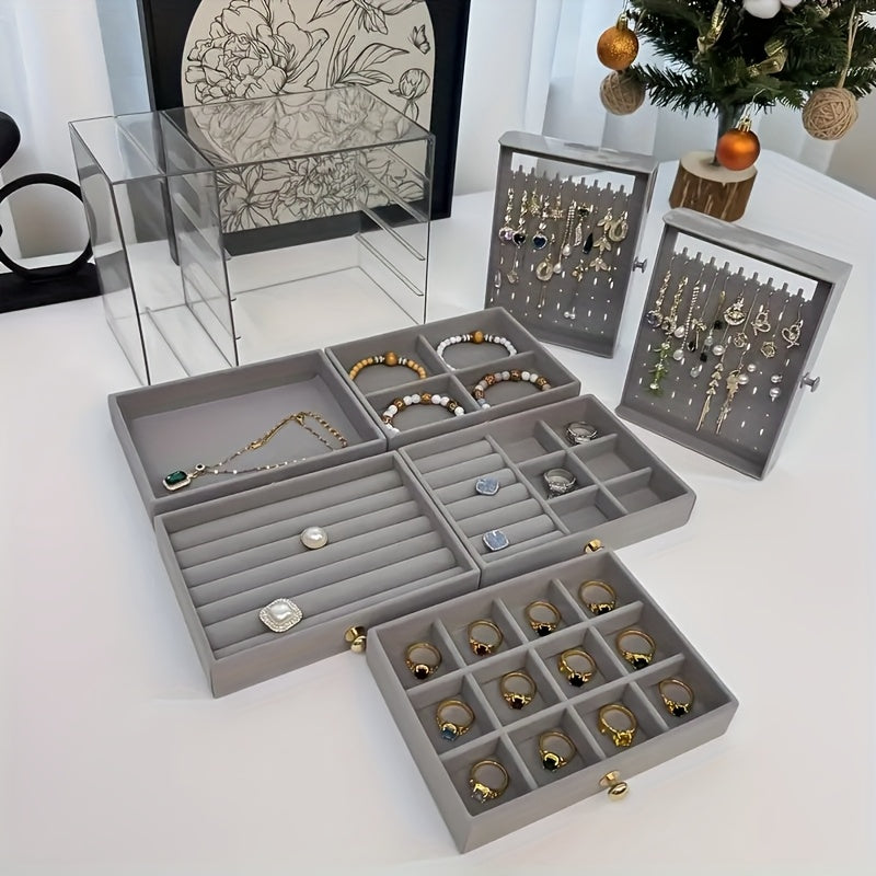 2-Tier + 5-Layer Large Capacity Transparent Desktop Jewelry Organizer, Bracelet and Necklace Storage Box with Multiple Compartments, Ring Holder, Earring Rack, Soft Padded Necklace and Bracelet Protector, Suitable for Vanity or Desk, Jewelry Box, Jewelry