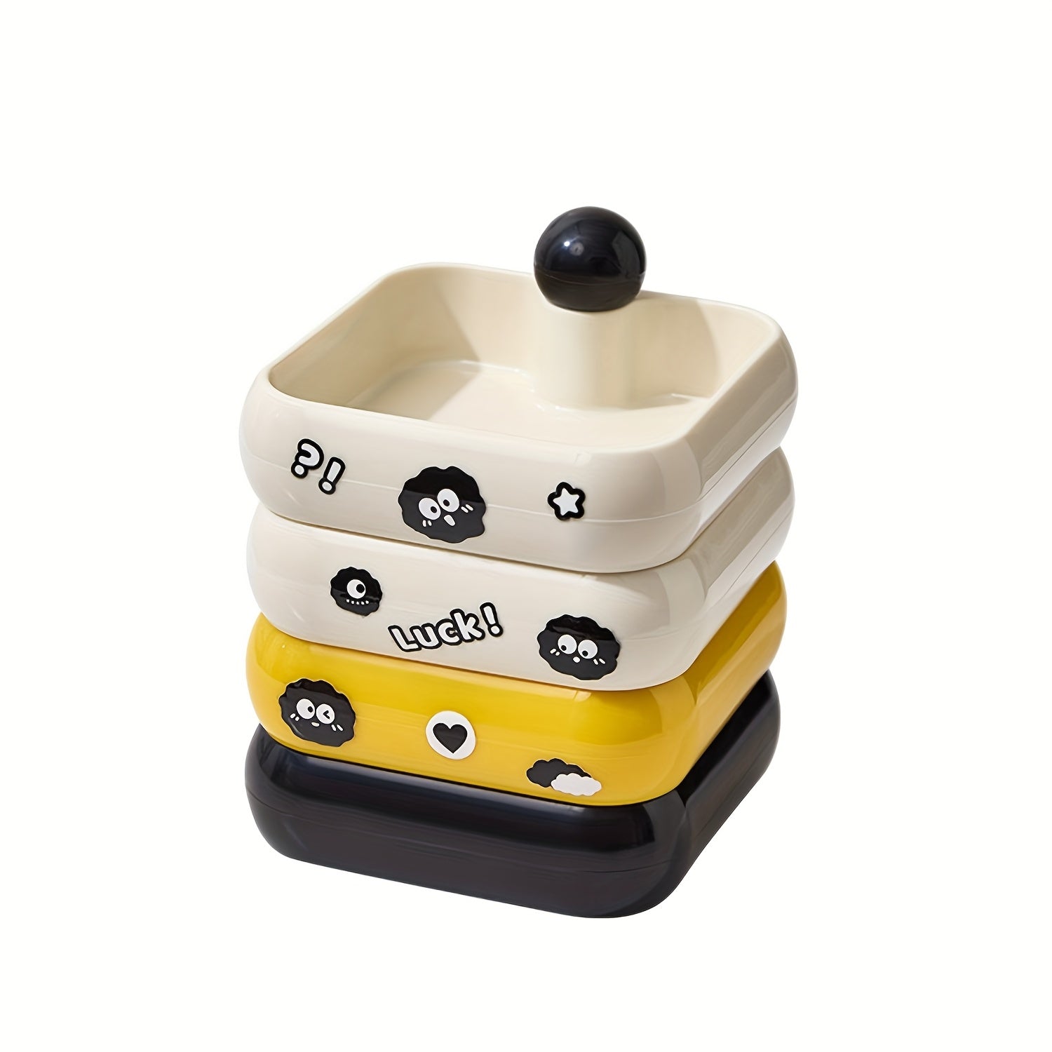 3-Tier/4-Tier Rotating Jewelry Organizer Box with Cute Black Bean Design - Contrast Color Lids, Dustproof Plastic Storage for Dressing Table & Desktop Accessories, Jewelry Boxes, Playful Design, Stackable Compartments, Jewelry Boxes