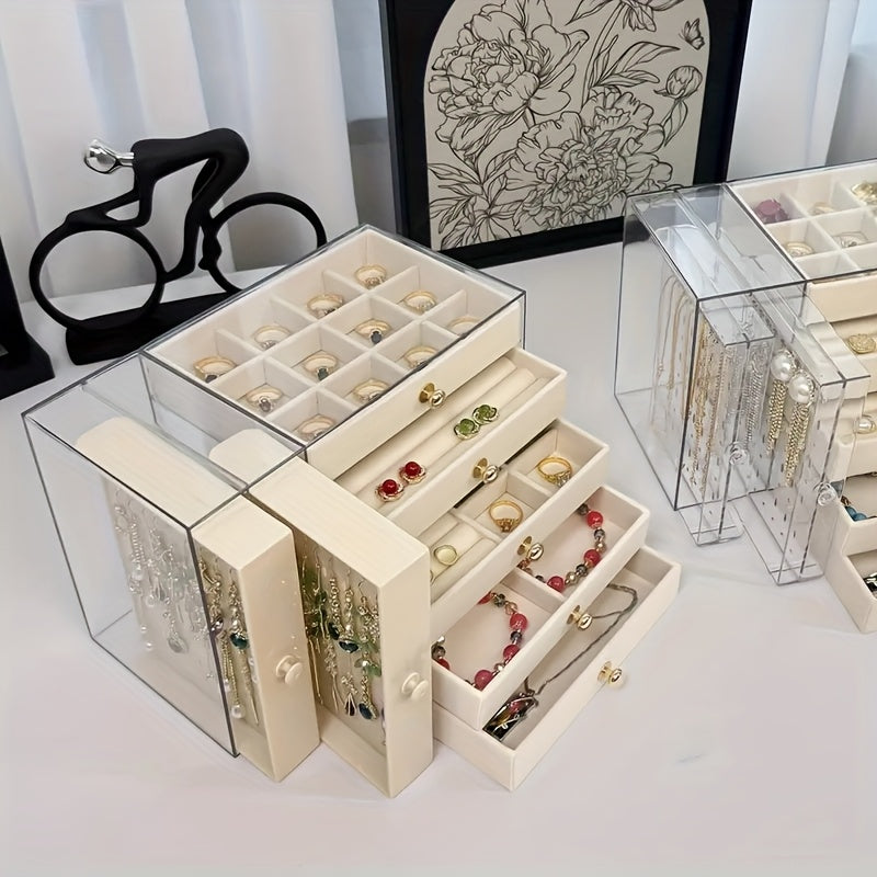 2-Tier + 5-Layer Large Capacity Transparent Desktop Jewelry Organizer, Bracelet and Necklace Storage Box with Multiple Compartments, Ring Holder, Earring Rack, Soft Padded Necklace and Bracelet Protector, Suitable for Vanity or Desk, Jewelry Box, Jewelry