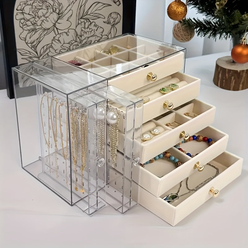 2-Tier + 5-Layer Large Capacity Transparent Desktop Jewelry Organizer, Bracelet and Necklace Storage Box with Multiple Compartments, Ring Holder, Earring Rack, Soft Padded Necklace and Bracelet Protector, Suitable for Vanity or Desk, Jewelry Box, Jewelry