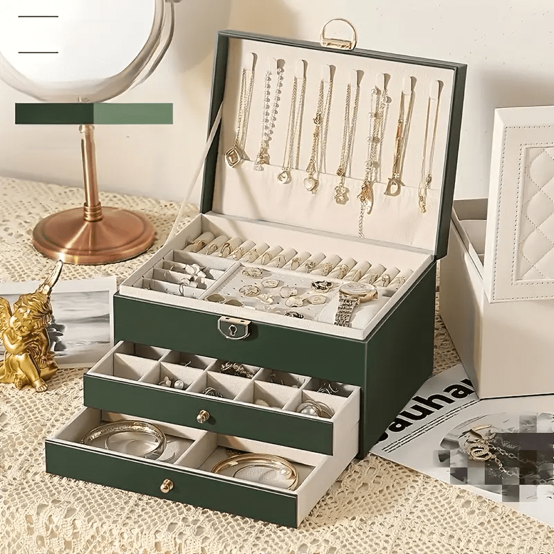High-End Vintage Faux Leather Multi-Layer Jewelry Box with Drawers and Soft Lining, Large Capacity for Necklaces, Earrings, Rings, and Watches, Suitable for Bedroom or Dressing Room, Desktop Storage Function, Perfect Home Decor and Holiday Gift, Various