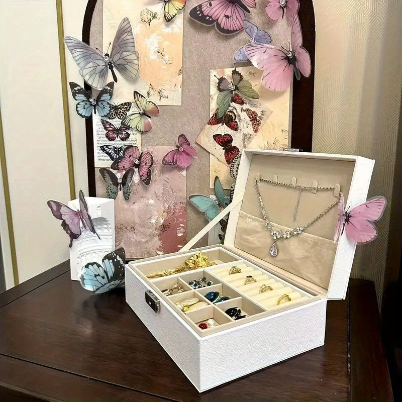 Large Capacity PU Leather Jewelry Box with Golden-Tone Hinges & Locking Mechanism - Beige Multi-Tier Organizer with Soft Cushioned Compartments, Drawers & Open Shelves for Home, Office, Boutique Storage - Elegant Gift Box for Jewelry, Watches, Accessories