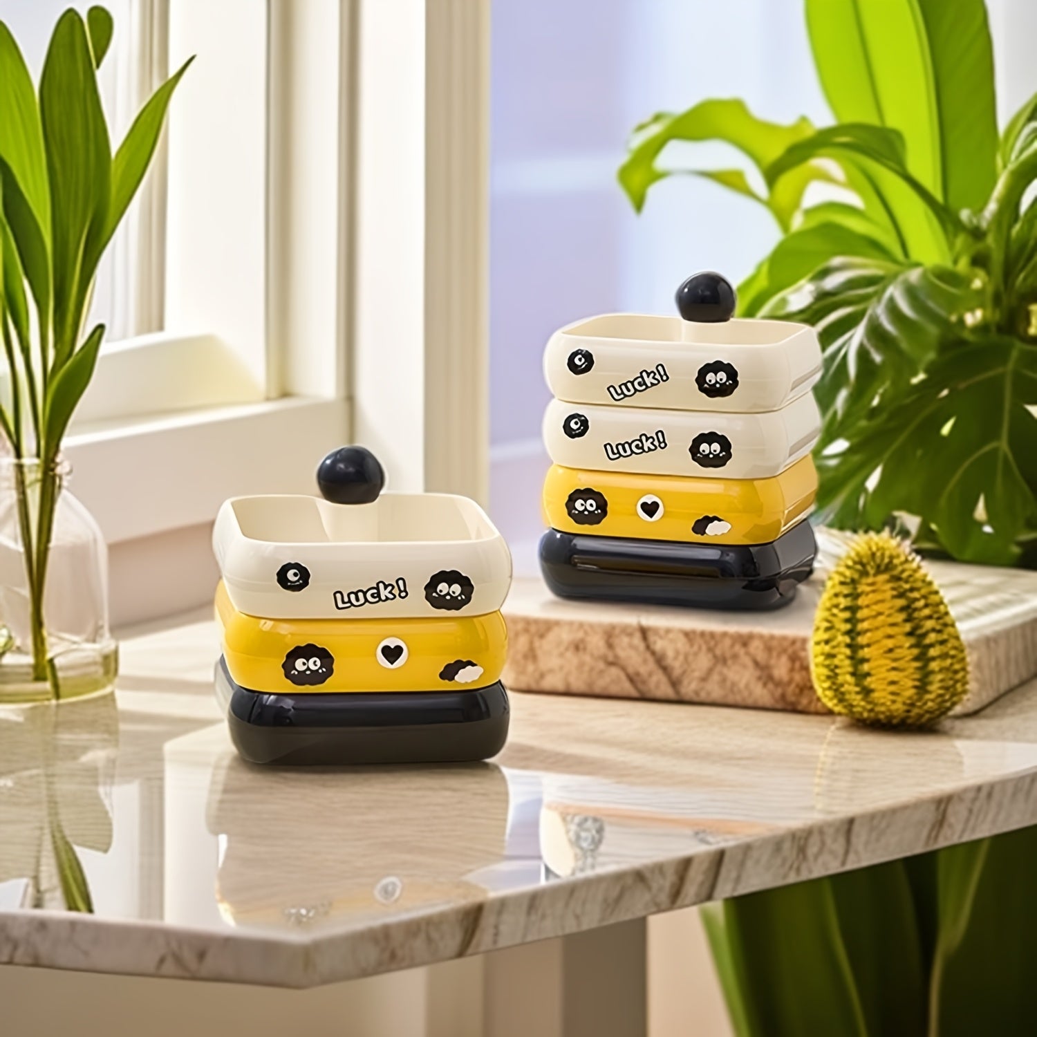 3-Tier/4-Tier Rotating Jewelry Organizer Box with Cute Black Bean Design - Contrast Color Lids, Dustproof Plastic Storage for Dressing Table & Desktop Accessories, Jewelry Boxes, Playful Design, Stackable Compartments, Jewelry Boxes