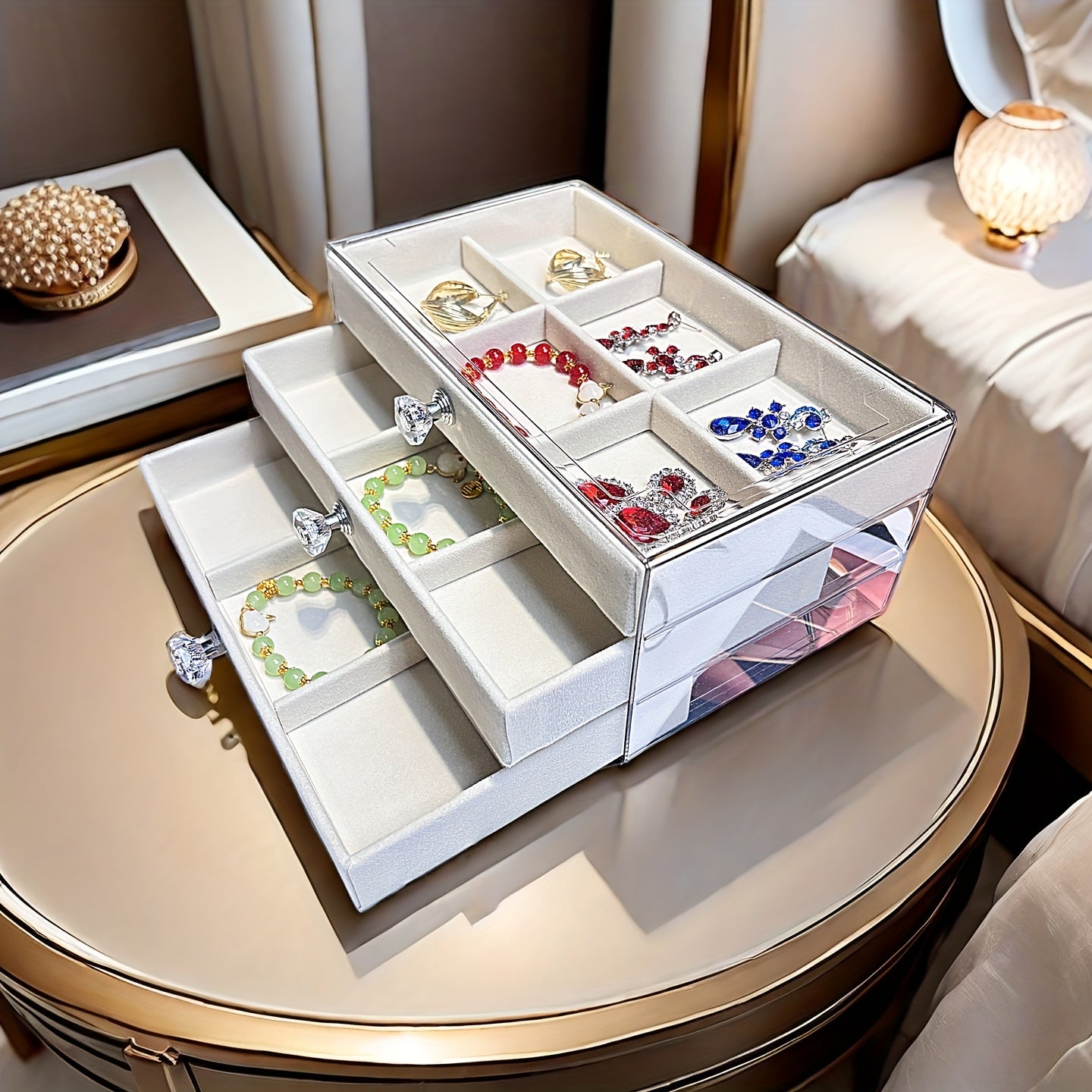 Elevated Transparent Desktop Rhinestone Light Luxury Jewelry Storage Box, Ring Bracelet Necklace Organizer - No Assembly Required Velvet Apricot Gray Home Set, Jewelry Boxes