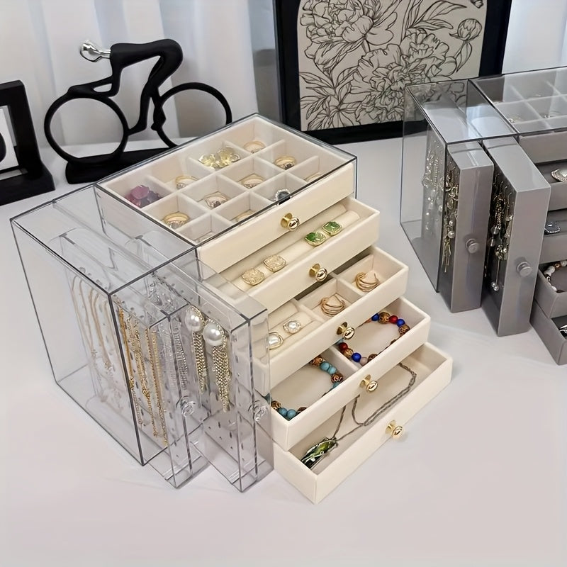 2-Tier + 5-Layer Large Capacity Transparent Desktop Jewelry Organizer, Bracelet and Necklace Storage Box with Multiple Compartments, Ring Holder, Earring Rack, Soft Padded Necklace and Bracelet Protector, Suitable for Vanity or Desk, Jewelry Box, Jewelry