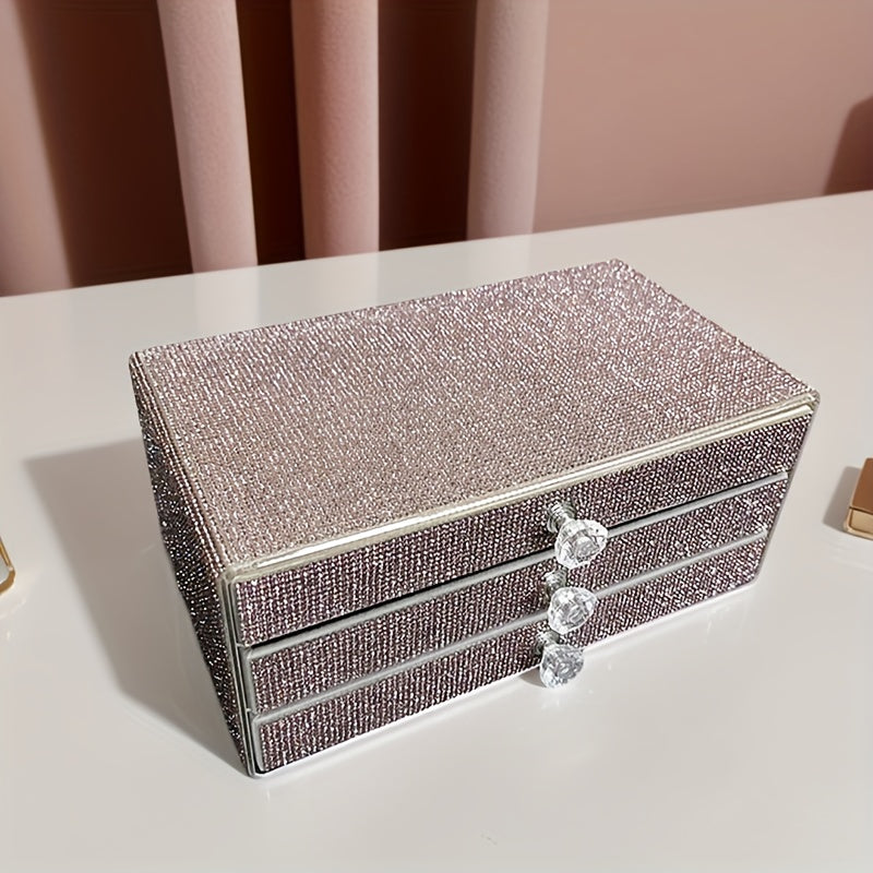 A Jewelry Box with Three Drawers Filled with Rhinestones, Available in Two Colors, Perfect for Beauty Enthusiasts, Jewelry Boxes