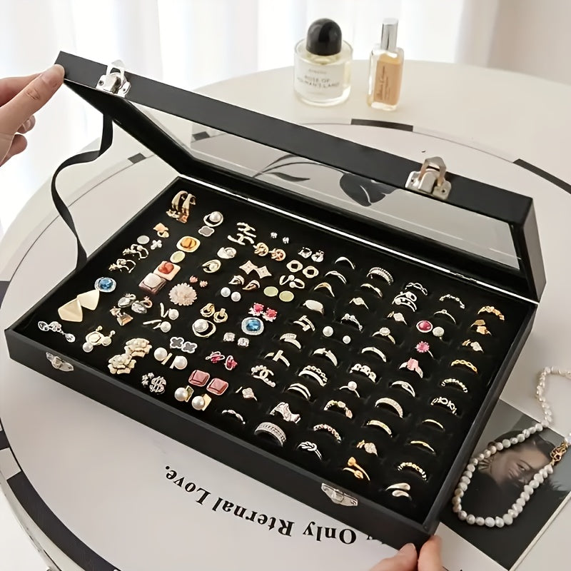 Luxury Black Velvet Jewelry Organizer Box with Transparent Glass Lid - Spacious Multi-Compartment Design for Earrings, Necklaces, Bracelets - Elegant Gift for Mother'S Day, Anniversary, or Best Friend, Jewelry Box, Jewelry Making Display & Packaging