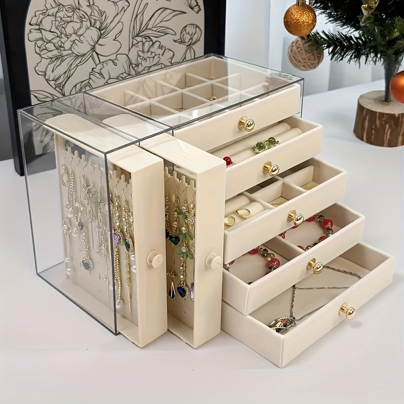 2-Tier + 5-Layer Large Capacity Transparent Desktop Jewelry Organizer, Bracelet and Necklace Storage Box with Multiple Compartments, Ring Holder, Earring Rack, Soft Padded Necklace and Bracelet Protector, Suitable for Vanity or Desk, Jewelry Box, Jewelry
