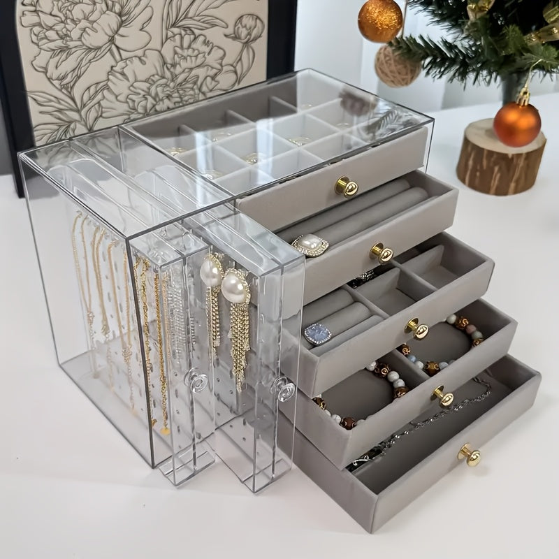 2-Tier + 5-Layer Large Capacity Transparent Desktop Jewelry Organizer, Bracelet and Necklace Storage Box with Multiple Compartments, Ring Holder, Earring Rack, Soft Padded Necklace and Bracelet Protector, Suitable for Vanity or Desk, Jewelry Box, Jewelry