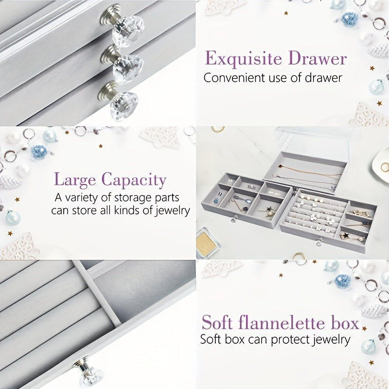 2pcs Jewelry Storage Box Set Three-layer Portable with Glass Lid Organizer for Earrings Display and Ring Display