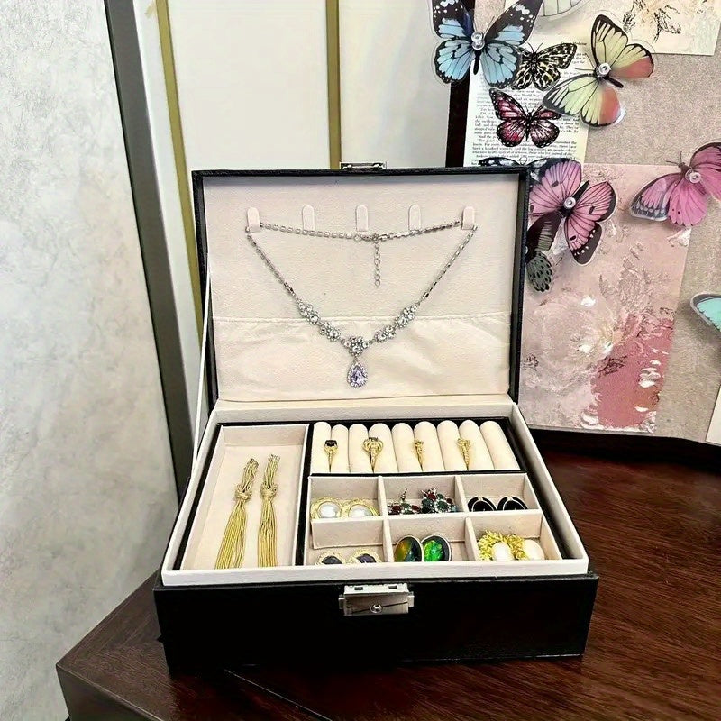 Large Capacity PU Leather Jewelry Box with Golden-Tone Hinges & Locking Mechanism - Beige Multi-Tier Organizer with Soft Cushioned Compartments, Drawers & Open Shelves for Home, Office, Boutique Storage - Elegant Gift Box for Jewelry, Watches, Accessories