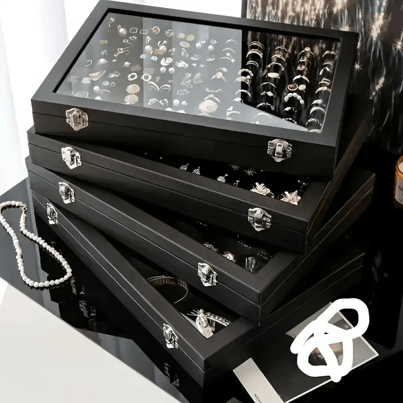 Luxury Black Velvet Jewelry Organizer Box with Transparent Glass Lid - Spacious Multi-Compartment Design for Earrings, Necklaces, Bracelets - Elegant Gift for Mother'S Day, Anniversary, or Best Friend, Jewelry Box, Jewelry Making Display & Packaging