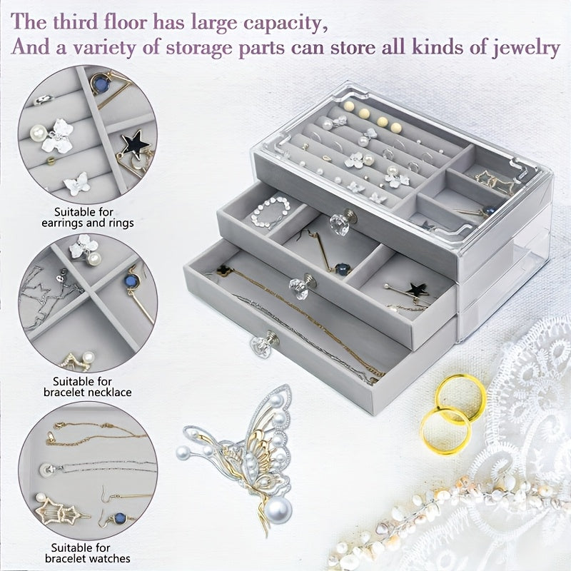 2pcs Jewelry Storage Box Set Three-layer Portable with Glass Lid Organizer for Earrings Display and Ring Display