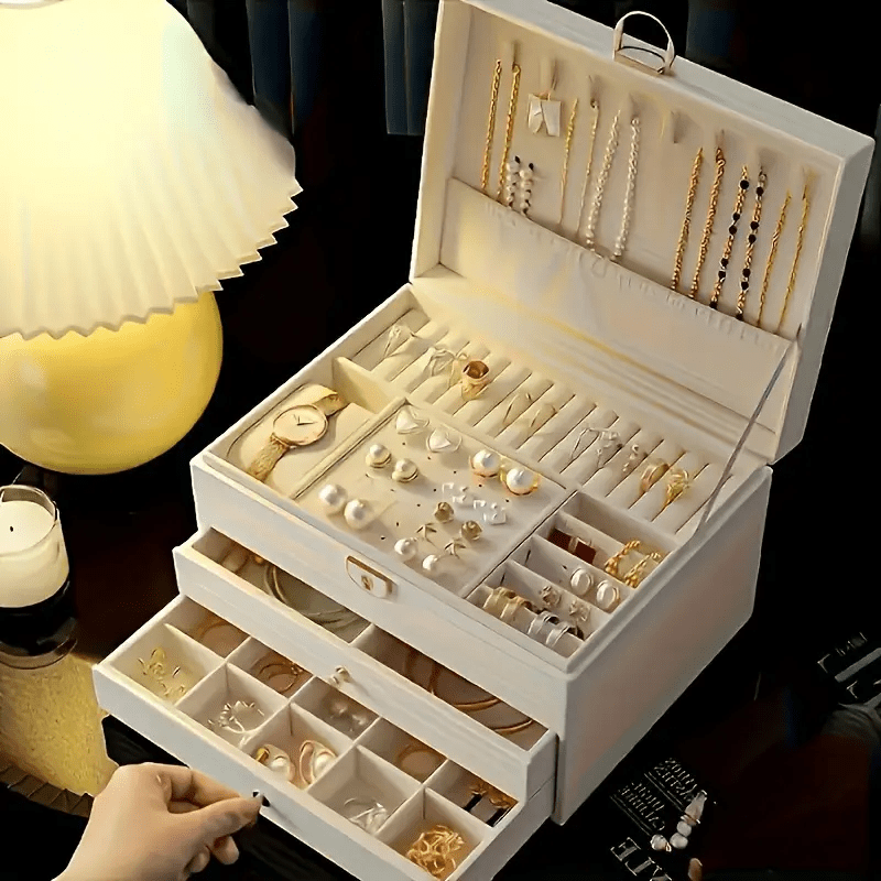 Vintage Elegant Jewelry Organizer Box with Soft Beige/Lined Interior - Multi-Layer Storage for Necklaces, Earrings, Rings, Watches - Elegant Jewelry Case for Wedding, Home Decor, Birthday/Anniversary Gift - Durable PU Leather Construction, Wedding