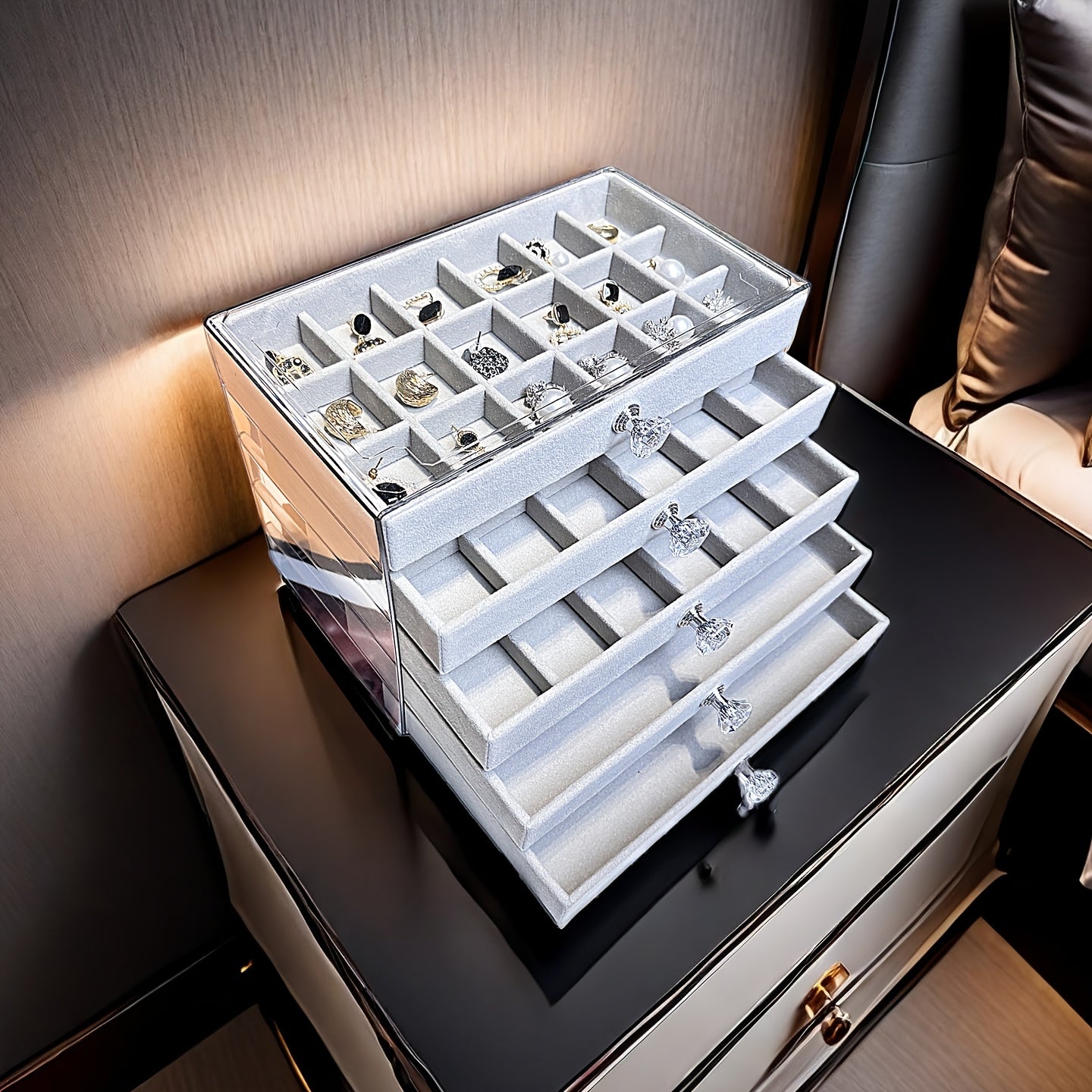 Elevated Transparent Desktop Rhinestone Light Luxury Jewelry Storage Box, Ring Bracelet Necklace Organizer - No Assembly Required Velvet Apricot Gray Home Set, Jewelry Boxes