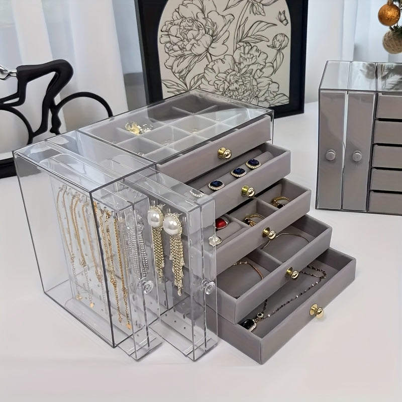 2-Tier + 5-Layer Large Capacity Transparent Desktop Jewelry Organizer, Bracelet and Necklace Storage Box with Multiple Compartments, Ring Holder, Earring Rack, Soft Padded Necklace and Bracelet Protector, Suitable for Vanity or Desk, Jewelry Box, Jewelry