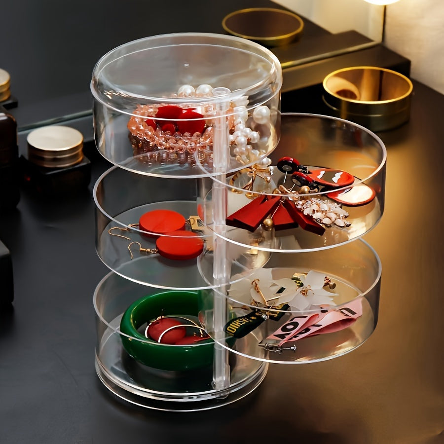 1pc Large-Capacity 5-Layer Rotating Jewelry Organizer Box with Dust-Proof Lid - Transparent Durable Plastic Multi-Drawer Storage for Necklaces, Earrings, Rings, Bangles, Hair Accessories & Watches - Modern Desktop Storage Solution, Accessory Holder, Sleek