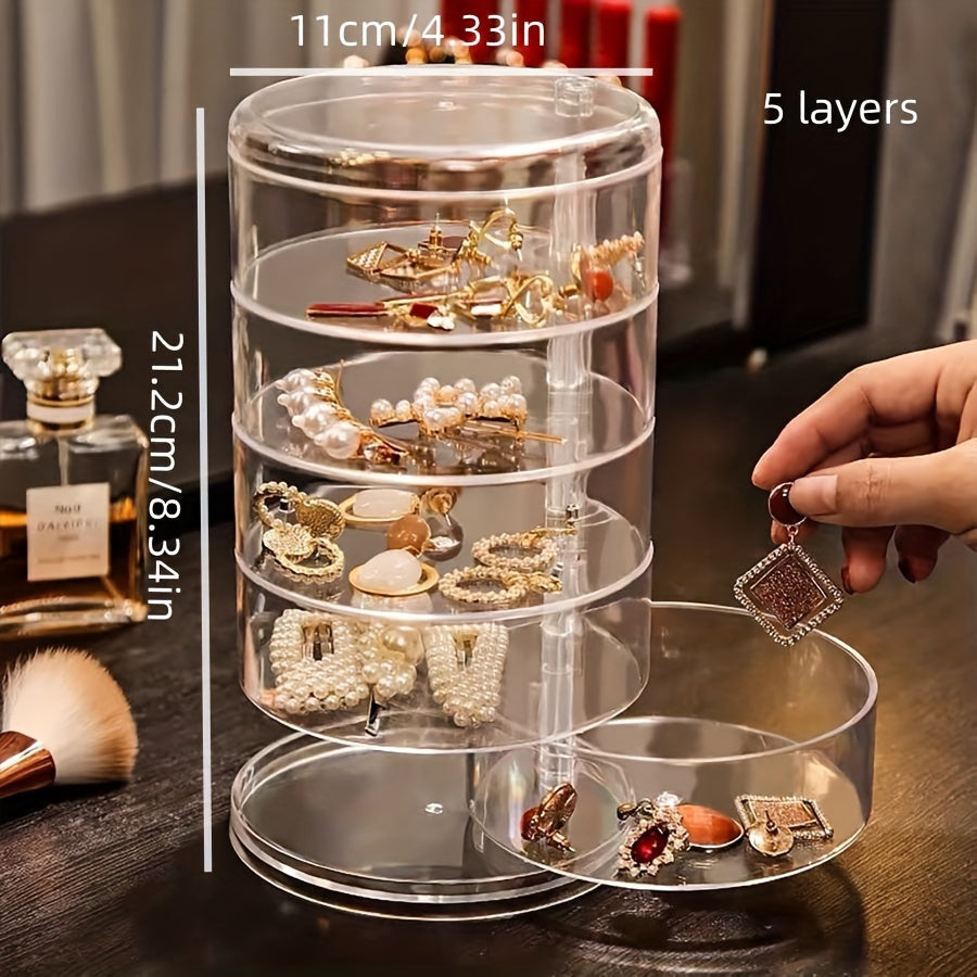 1pc Large-Capacity 5-Layer Rotating Jewelry Organizer Box with Dust-Proof Lid - Transparent Durable Plastic Multi-Drawer Storage for Necklaces, Earrings, Rings, Bangles, Hair Accessories & Watches - Modern Desktop Storage Solution, Accessory Holder, Sleek