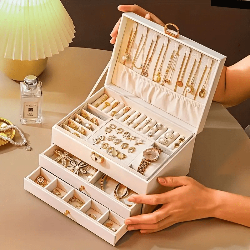 High-End Vintage Faux Leather Multi-Layer Jewelry Box with Drawers and Soft Lining, Large Capacity for Necklaces, Earrings, Rings, and Watches, Suitable for Bedroom or Dressing Room, Desktop Storage Function, Perfect Home Decor and Holiday Gift, Various