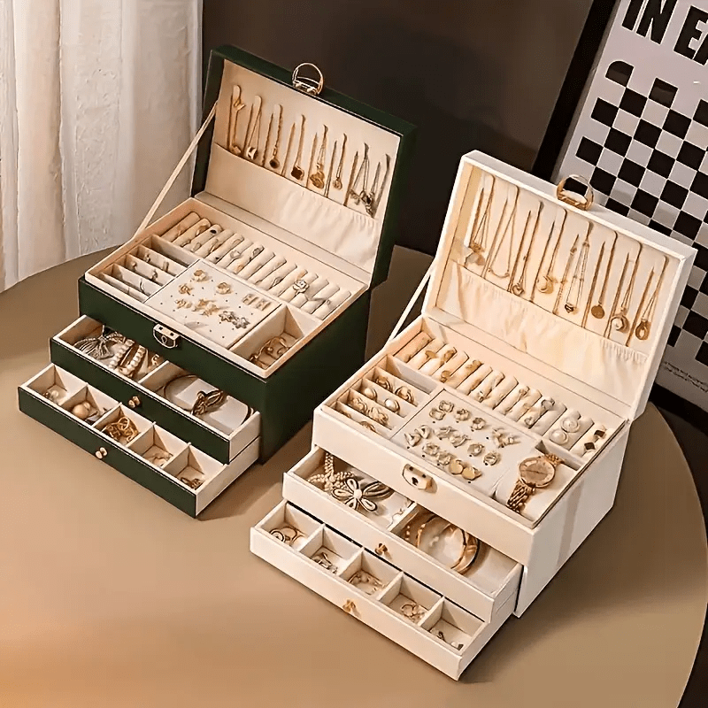 High-End Vintage Faux Leather Multi-Layer Jewelry Box with Drawers and Soft Lining, Large Capacity for Necklaces, Earrings, Rings, and Watches, Suitable for Bedroom or Dressing Room, Desktop Storage Function, Perfect Home Decor and Holiday Gift, Various