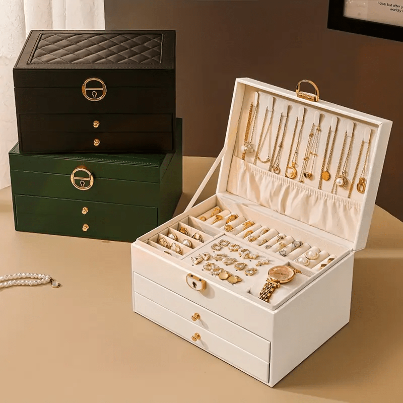 High-End Vintage Faux Leather Multi-Layer Jewelry Box with Drawers and Soft Lining, Large Capacity for Necklaces, Earrings, Rings, and Watches, Suitable for Bedroom or Dressing Room, Desktop Storage Function, Perfect Home Decor and Holiday Gift, Various