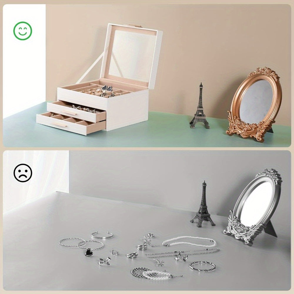 [3-Layer Jewelry Box] Modern 3-Layer 1pc Jewelry Box with Glass Lid, 2 Drawers | 9.1 x 8 x 5.3 Inches, Jewelry Storage for Big and Small Jewelry