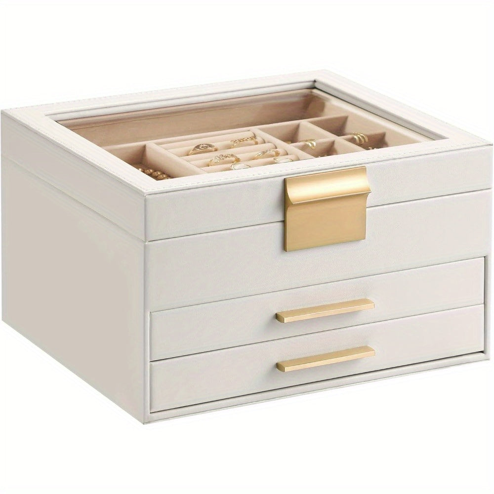 [3-Layer Jewelry Box] Modern 3-Layer 1pc Jewelry Box with Glass Lid, 2 Drawers | 9.1 x 8 x 5.3 Inches, Jewelry Storage for Big and Small Jewelry