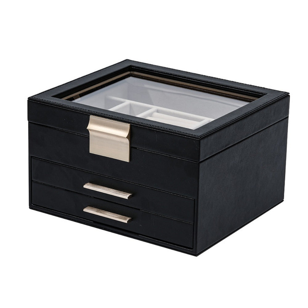 [3-Layer Jewelry Box] Modern 3-Layer 1pc Jewelry Box with Glass Lid, 2 Drawers | 9.1 x 8 x 5.3 Inches, Jewelry Storage for Big and Small Jewelry