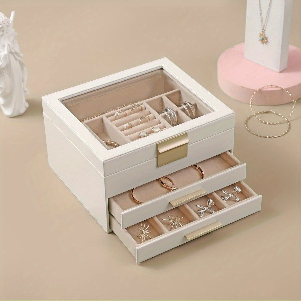 [3-Layer Jewelry Box] Modern 3-Layer 1pc Jewelry Box with Glass Lid, 2 Drawers | 9.1 x 8 x 5.3 Inches, Jewelry Storage for Big and Small Jewelry