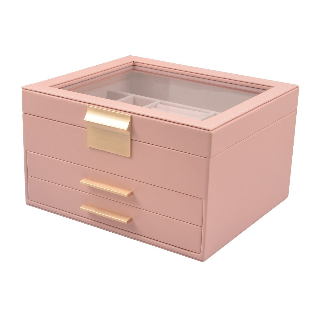 [3-Layer Jewelry Box] Modern 3-Layer 1pc Jewelry Box with Glass Lid, 2 Drawers | 9.1 x 8 x 5.3 Inches, Jewelry Storage for Big and Small Jewelry