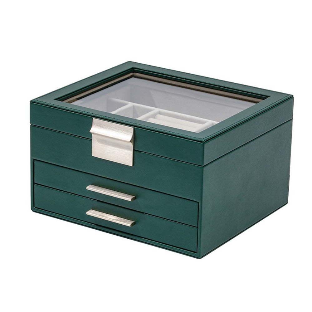 [3-Layer Jewelry Box] Modern 3-Layer 1pc Jewelry Box with Glass Lid, 2 Drawers | 9.1 x 8 x 5.3 Inches, Jewelry Storage for Big and Small Jewelry