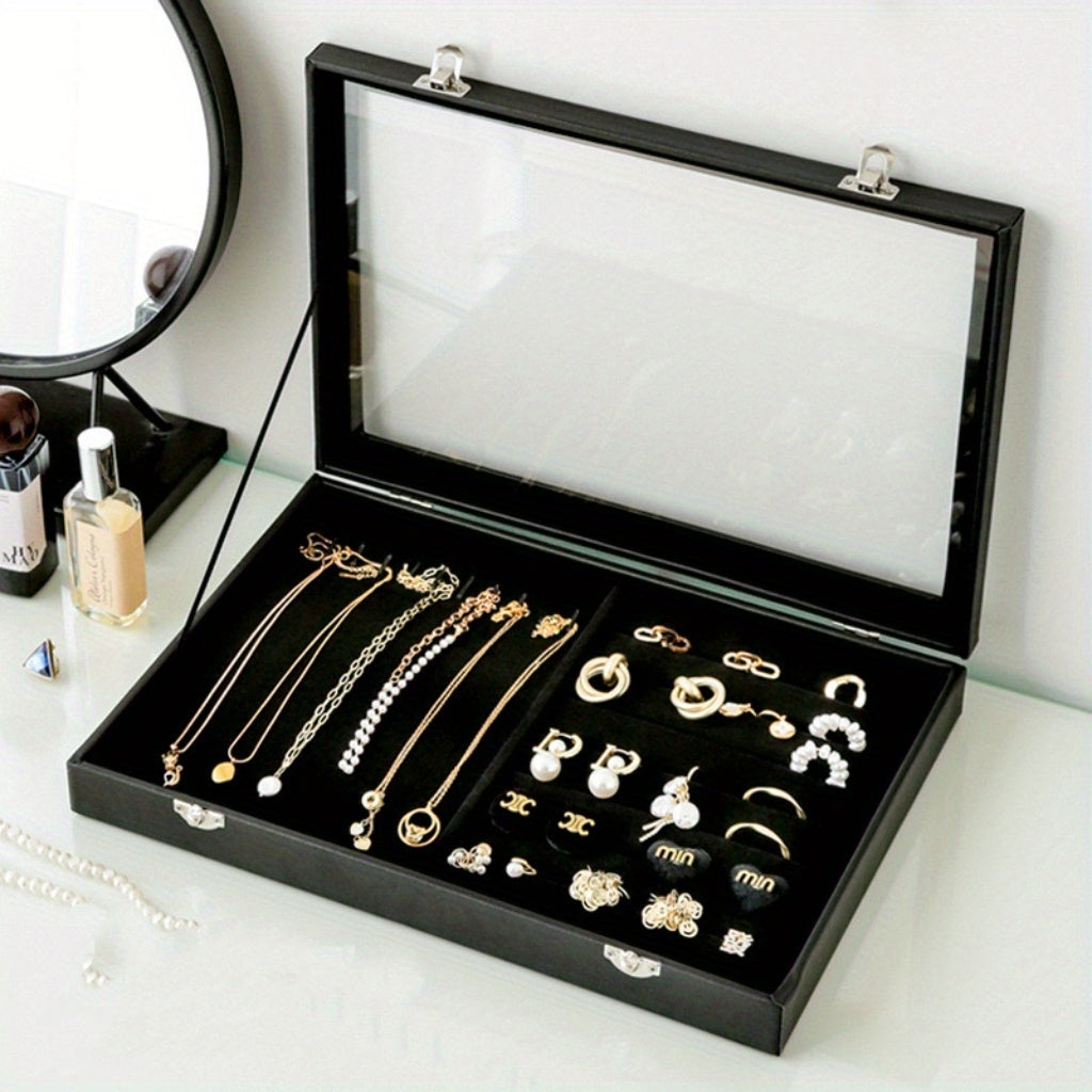 Luxury Black Velvet Jewelry Organizer Box with Transparent Glass Lid - Spacious Multi-Compartment Design for Earrings, Necklaces, Bracelets - Elegant Gift for Mother'S Day, Anniversary, or Best Friend, Jewelry Box, Jewelry Making Display & Packaging