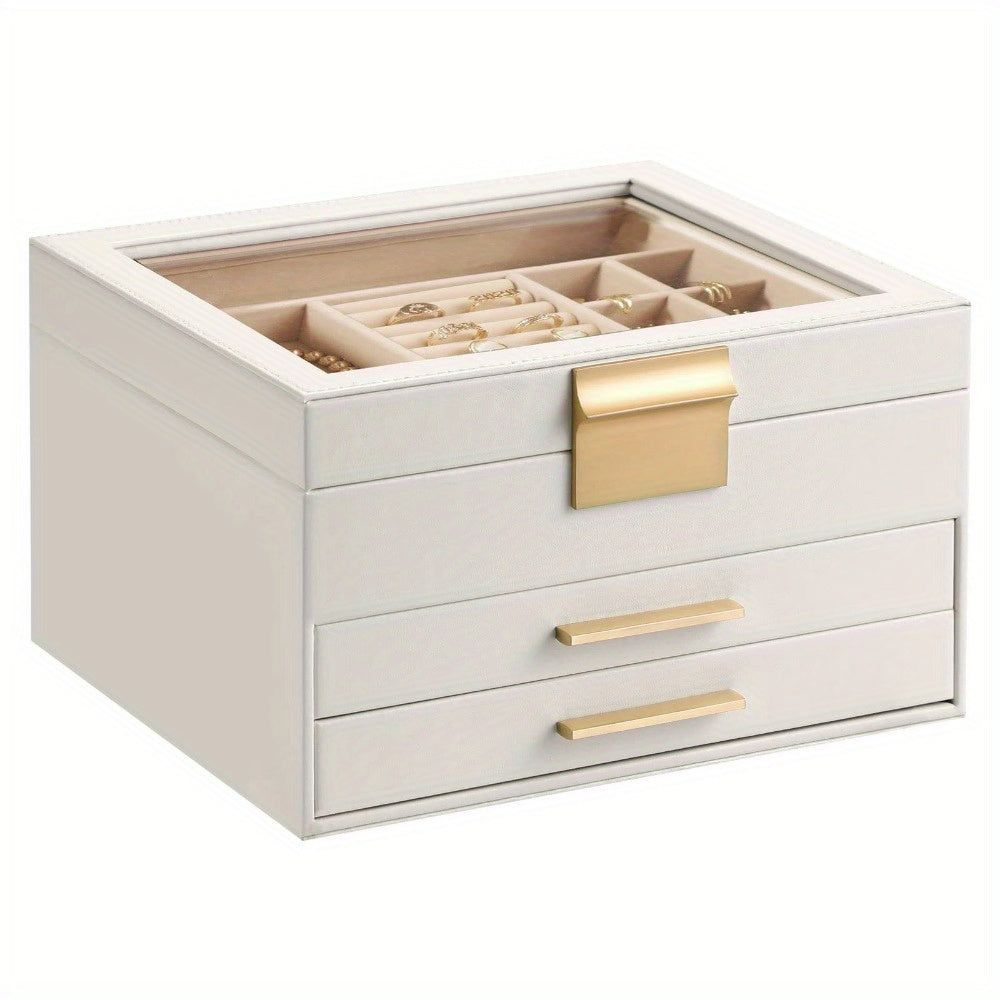 [3-Layer Jewelry Box] Modern 3-Layer 1pc Jewelry Box with Glass Lid, 2 Drawers | 9.1 x 8 x 5.3 Inches, Jewelry Storage for Big and Small Jewelry