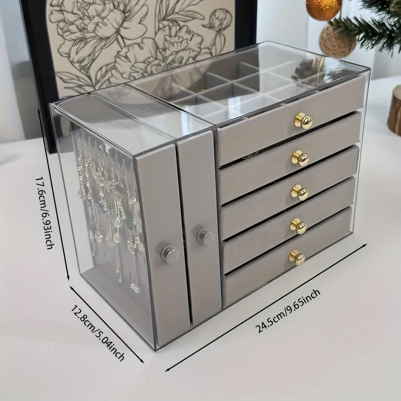 2-Tier + 5-Layer Large Capacity Transparent Desktop Jewelry Organizer, Bracelet and Necklace Storage Box with Multiple Compartments, Ring Holder, Earring Rack, Soft Padded Necklace and Bracelet Protector, Suitable for Vanity or Desk, Jewelry Box, Jewelry