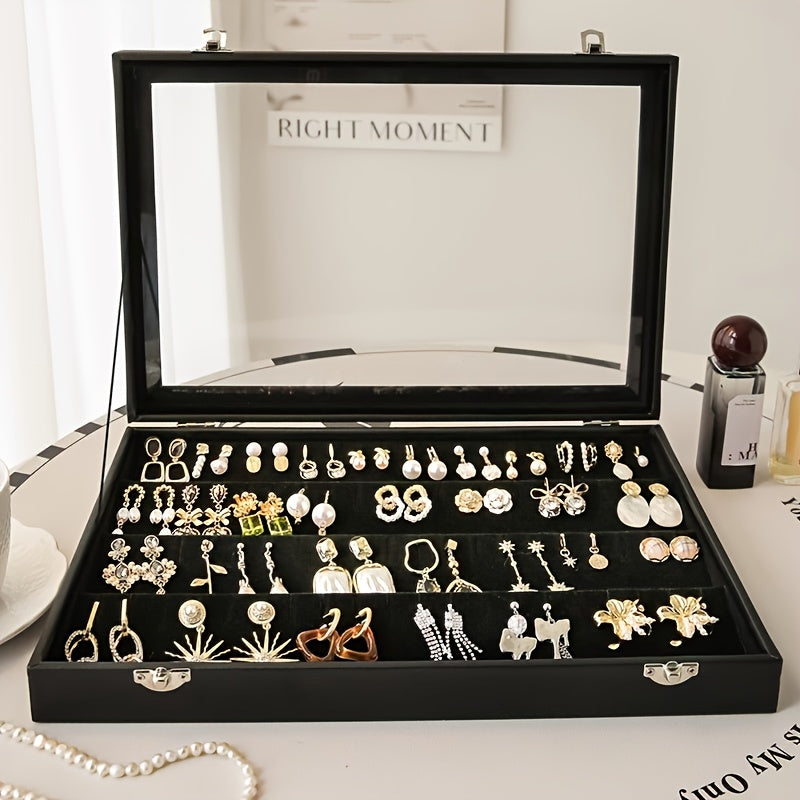Luxury Black Velvet Jewelry Organizer Box with Transparent Glass Lid - Spacious Multi-Compartment Design for Earrings, Necklaces, Bracelets - Elegant Gift for Mother'S Day, Anniversary, or Best Friend, Jewelry Box, Jewelry Making Display & Packaging