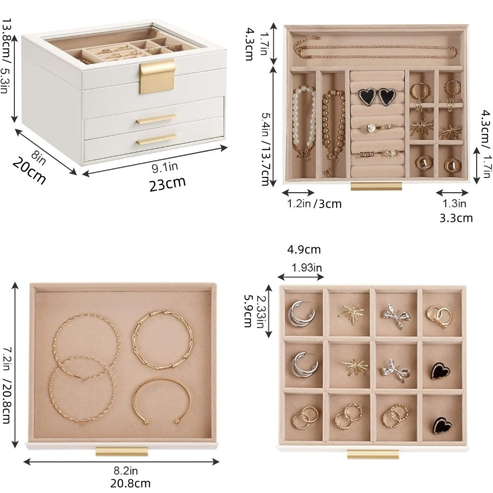 [3-Layer Jewelry Box] Modern 3-Layer 1pc Jewelry Box with Glass Lid, 2 Drawers | 9.1 x 8 x 5.3 Inches, Jewelry Storage for Big and Small Jewelry