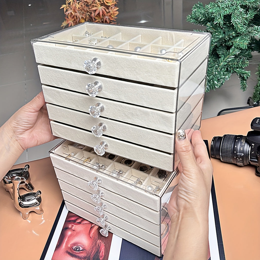 Elevated Transparent Desktop Rhinestone Light Luxury Jewelry Storage Box, Ring Bracelet Necklace Organizer - No Assembly Required Velvet Apricot Gray Home Set, Jewelry Boxes