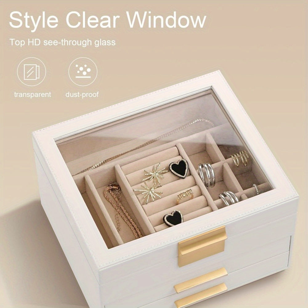 [3-Layer Jewelry Box] Modern 3-Layer 1pc Jewelry Box with Glass Lid, 2 Drawers | 9.1 x 8 x 5.3 Inches, Jewelry Storage for Big and Small Jewelry