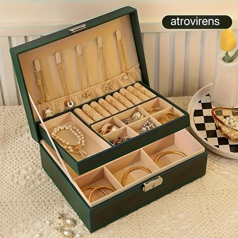 Large Capacity PU Leather Jewelry Box with Golden-Tone Hinges & Locking Mechanism - Beige Multi-Tier Organizer with Soft Cushioned Compartments, Drawers & Open Shelves for Home, Office, Boutique Storage - Elegant Gift Box for Jewelry, Watches, Accessories